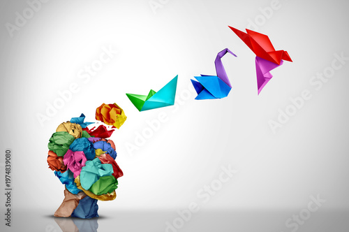 Innovative Development Thinking idea and human designer creative mind concept or brainstorm ideas with smart design thinking as origami symbols.