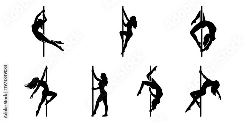 Pole dancer silhouette collection, set of 7 female fitness icons, athletic woman performing acrobatic pole dance poses, black vector graphics