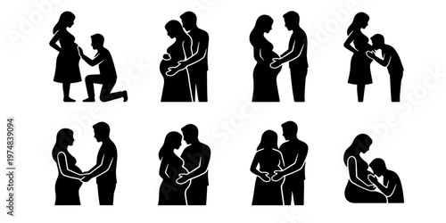 Pregnant woman and partner silhouette icons, set of 8 maternity couple vector illustrations, expectant parents bonding and belly touch graphics
