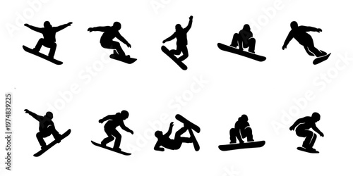 Snowboarding silhouettes set of 10 vector elements, extreme winter sports athletes jumping and performing tricks, black snowboarder icons on white background
