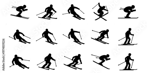 Skiing silhouette set with 15 icons, downhill skier vector elements, black winter sports athlete figures, alpine skiing action poses for mountain resort design