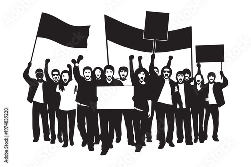 Silhouette of activists holding banners during a public demonstration.