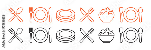 Eating utensils and food icon set in different colors, including dishes, cutlery, and salad bowl.