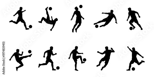 Soccer player silhouettes set of 10 vector elements, football athletes in action poses, black sport figures kicking and dribbling ball on white background