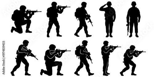 Military soldier silhouettes set, 10 army infantry vector elements, tactical combat troops with rifles, armed special forces personnel in action poses