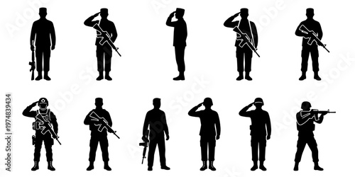 Military soldier silhouettes set, 11 army infantry vector icons, armed forces personnel saluting and holding rifles, black combat troops on white