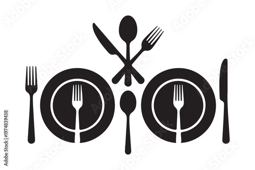 Elegant place setting for two with plates forks knives and spoons simple flat vector design.