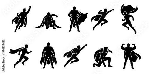 Superhero silhouette vector set, 10 heroic character icons in action poses, black comic book hero figures with capes, powerful male silhouettes for graphic design