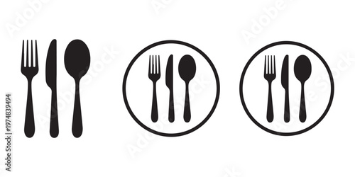 Restaurant flatware icons set, dinner utensil silhoettes of fork, spoon, and knife, isolated on white background.