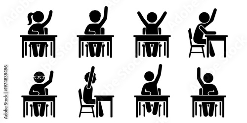School student stick figure icons, classroom pupils sitting at desks with raised hands, education and learning vector set of 8 black silhouettes