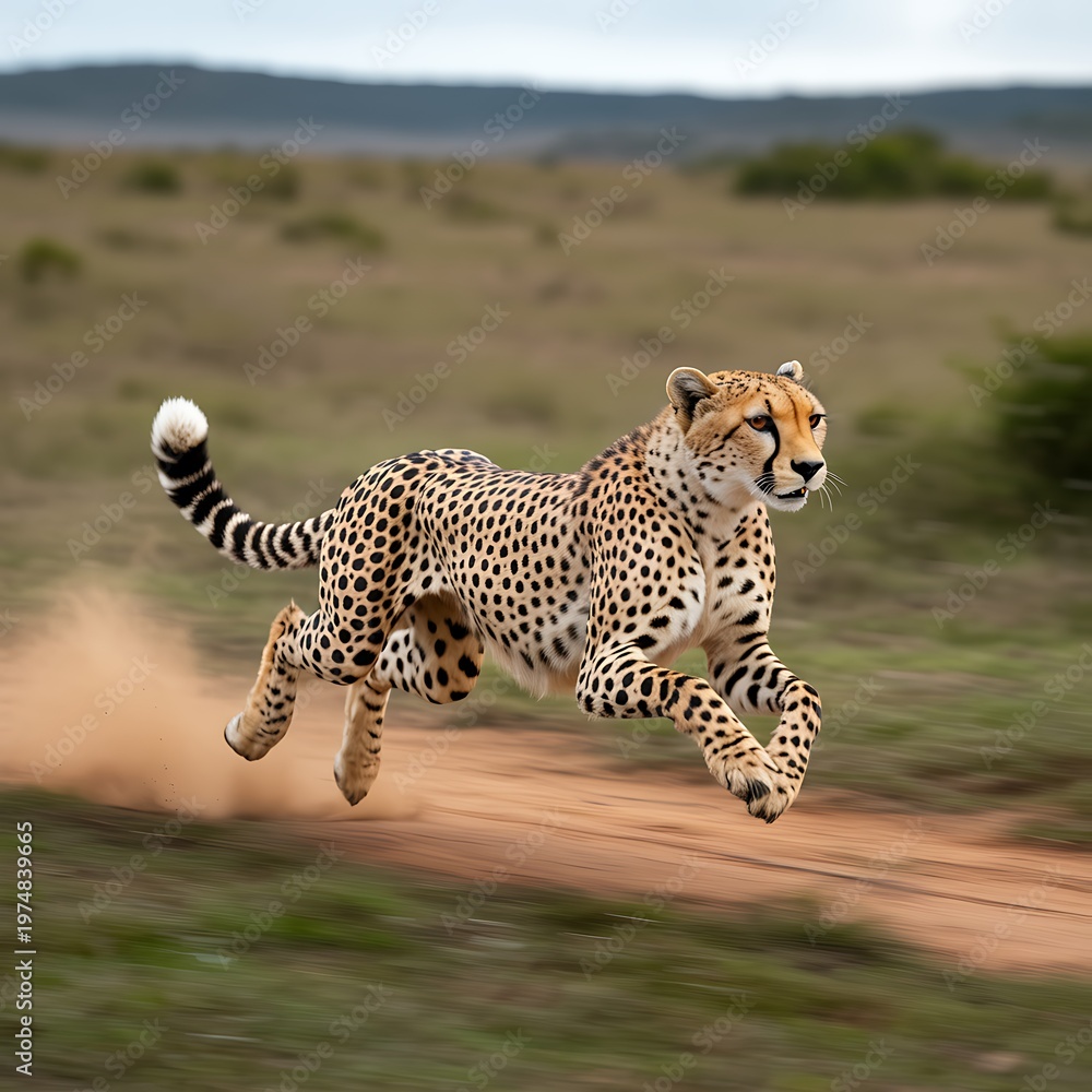 Obraz premium Powerful cheetah running at high speed across an open African savanna kicking up dry dust