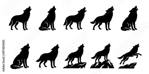 Howling wolf silhouette collection, 10 black wolf icons in various poses, wild predator animal vector set for outdoor adventure logos and wilderness branding