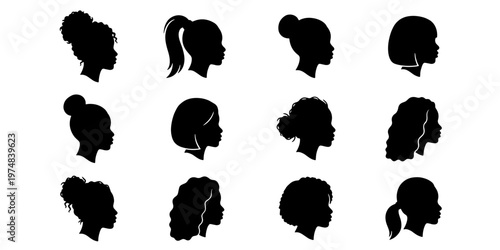 Black woman silhouette head profile set, 12 African American female hairstyles vector icons, natural hair and curly afro beauty collection