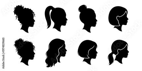 Woman hair silhouette set, 8 female profile head icons with diverse hairstyles, black lady face side view vector collection for beauty and salon branding