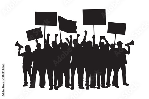 Protestors group silhouette demonstrating for rights and justice.