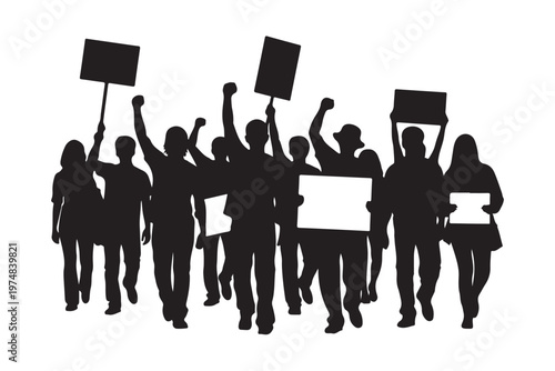 Protestors group silhouette demonstrating for rights and justice.