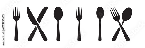 Set of black cutlery silhouettes including fork spoon and crossed knife for restaurant dining table etiquette.