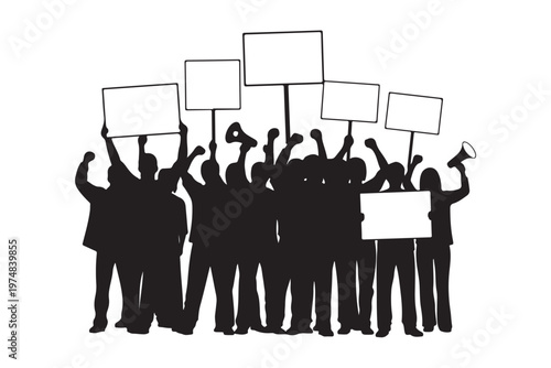 Protestors group silhouette demonstrating for rights and justice.