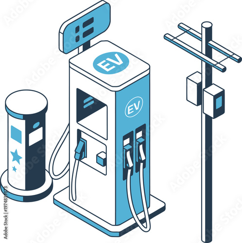 Isometric illustration of electric vehicle charging stations connected to a utility pole and buildings, symbolizing urban infrastructure for sustainable transportation, green mobility