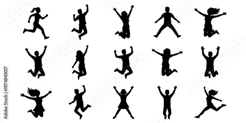 Jumping people silhouettes set, 15 happy active person icons in motion, black human figures leaping and celebrating, dynamic vector collection
