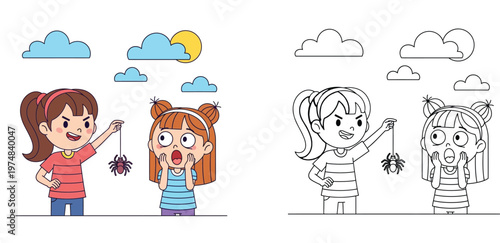 Mischievous little girl holding a spider to scare her terrified friend. Color illustration and black and white outline for coloring book.