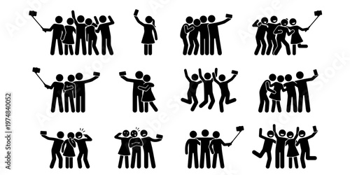 Stick figure people taking selfie photos, group of friends posing for smartphone camera, 12 black silhouette icons of social media photography