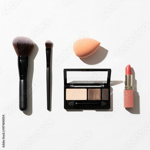 Makeup Brushes and Cosmetics Displayed.