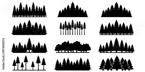 Black forest silhouette collection, set of 12 pine tree wood line icons, evergreen spruce timber landscape vectors for outdoor adventure branding