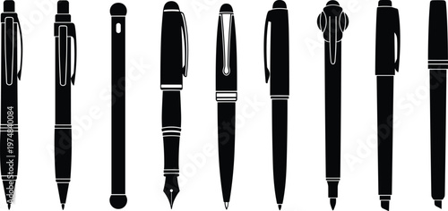 Collection of pen silhouettes, vector illustration of writing instruments, fountain pen ballpoint styles, office stationery set, minimalist black ink tool design