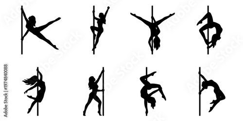 Pole dance silhouettes set, 8 vector icons of female dancers performing acrobatic tricks, black woman figures on poles for fitness and club branding