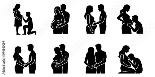 Pregnant woman and partner silhouettes, set of 8 maternity couple icons, expectant parents in romantic poses, black vector family illustrations