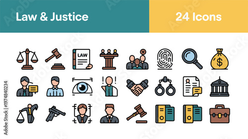 Law & Justice Icons: A collection of meticulously designed icons representing legal concepts and symbols, ideal for illustrating law, justice, and related topics. 