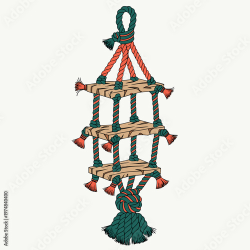 Black and white vector illustration of a rope ladder with wooden steps,
