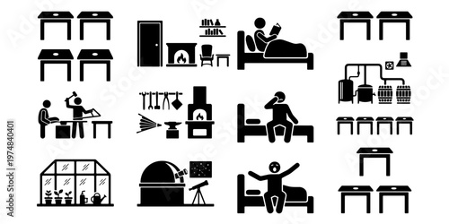 Black stick figure icons set, daily life and hobby activities pictograms, workshop and home interior symbols, vector collection of lifestyle elements