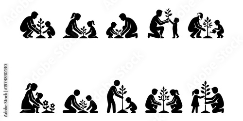 Tree planting icons set, family gardening silhouettes, parents and children planting saplings together, environmental conservation vector collection