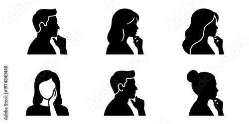 Thinking people silhouettes set, 6 black vector icons of pensive men and women, human profile heads with hand on chin for psychology and brainstorming
