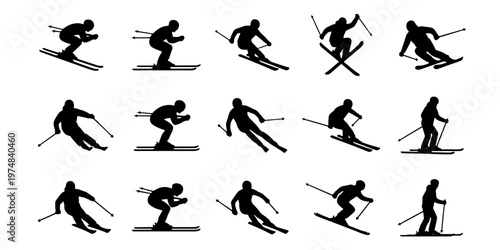 Skiing silhouette vector set, 15 black skier icons in various action poses, downhill winter sports athlete collection, alpine skiing graphic elements