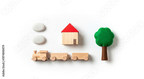Wooden toy train with carriages.