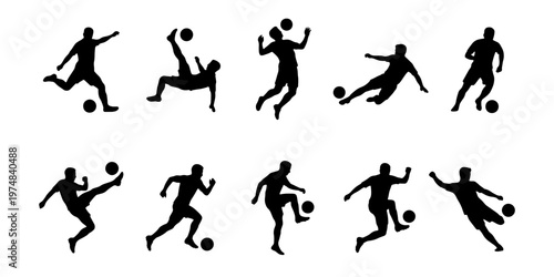 Soccer player silhouettes set, 10 football athlete vector icons, professional players kicking and dribbling ball, athletic sports action poses