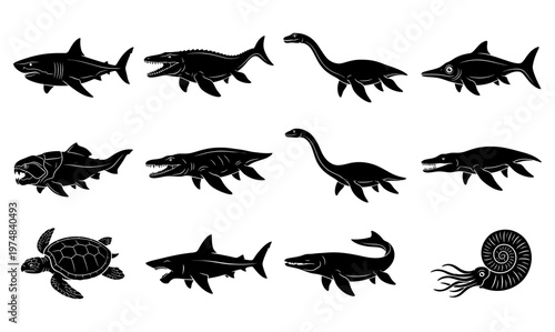 Foto Prehistoric Marine Animals Silhouette Vector Set, Extinct Sea Monsters Bundle wi