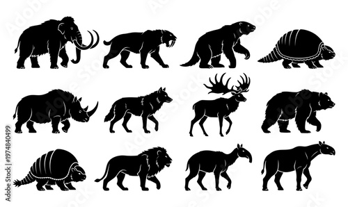 Photos Prehistoric Ice Age Mammals Silhouette Vector Set, Extinct Wild Animals Collecti
