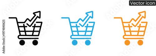 Shopping cart with growing graph on white background vector icon set