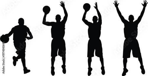 Basketball player silhouette sequence showing dribbling, jumping and shooting motion, dynamic sports action isolated on white background illustration
