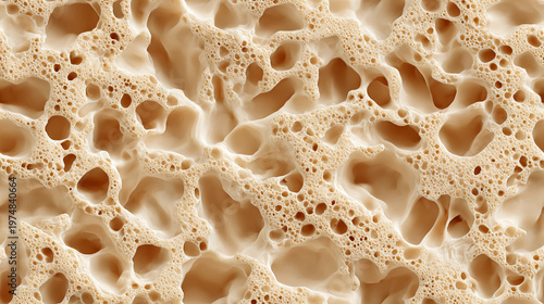 A close-up view of a porous material featuring numerous irregular holes and a light brown color, showcasing intricate textures and patterns.