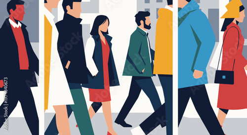Diverse group of people walking together in a bright studio background, modern flat design illustration