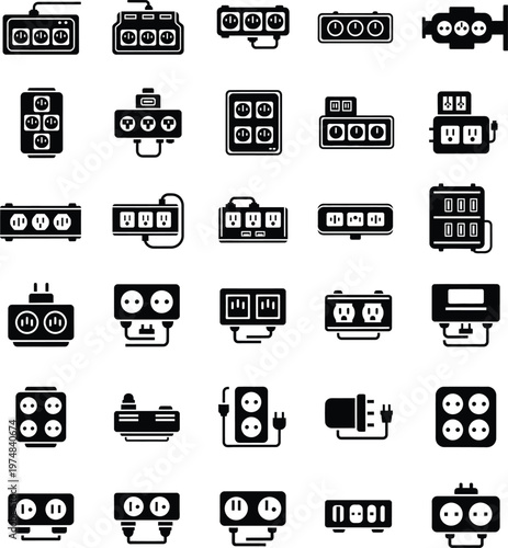 Set of black power strip and electrical outlet icons for home and office use with electrical