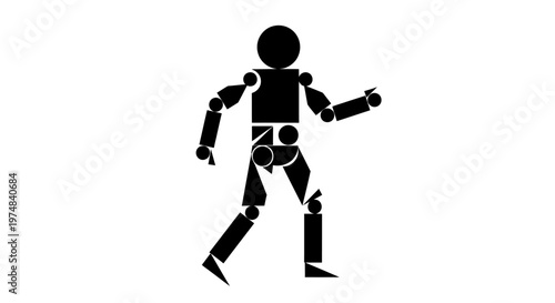 Simple black robot humanoid figure walking and pointing isolated white background, minimalist AI character