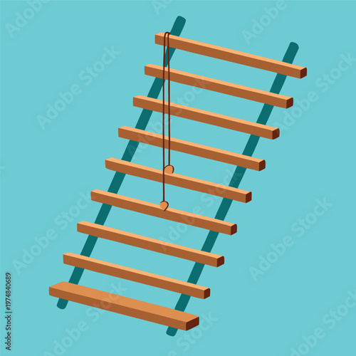 Black and white vector illustration of a rope ladder with wooden steps,