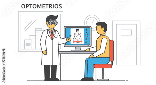 Male optometrist conducting a professional vision test for a patient in a bright clinic setting, eye care
