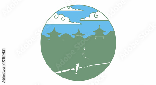 Peaceful Green Natural Landscape with Rolling Hills Under a Blue Sky with Clouds in a Circular Frame.